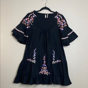 Free People Women’s Black Embroidered Boho Mini Dress – Size Sm Festive Goth